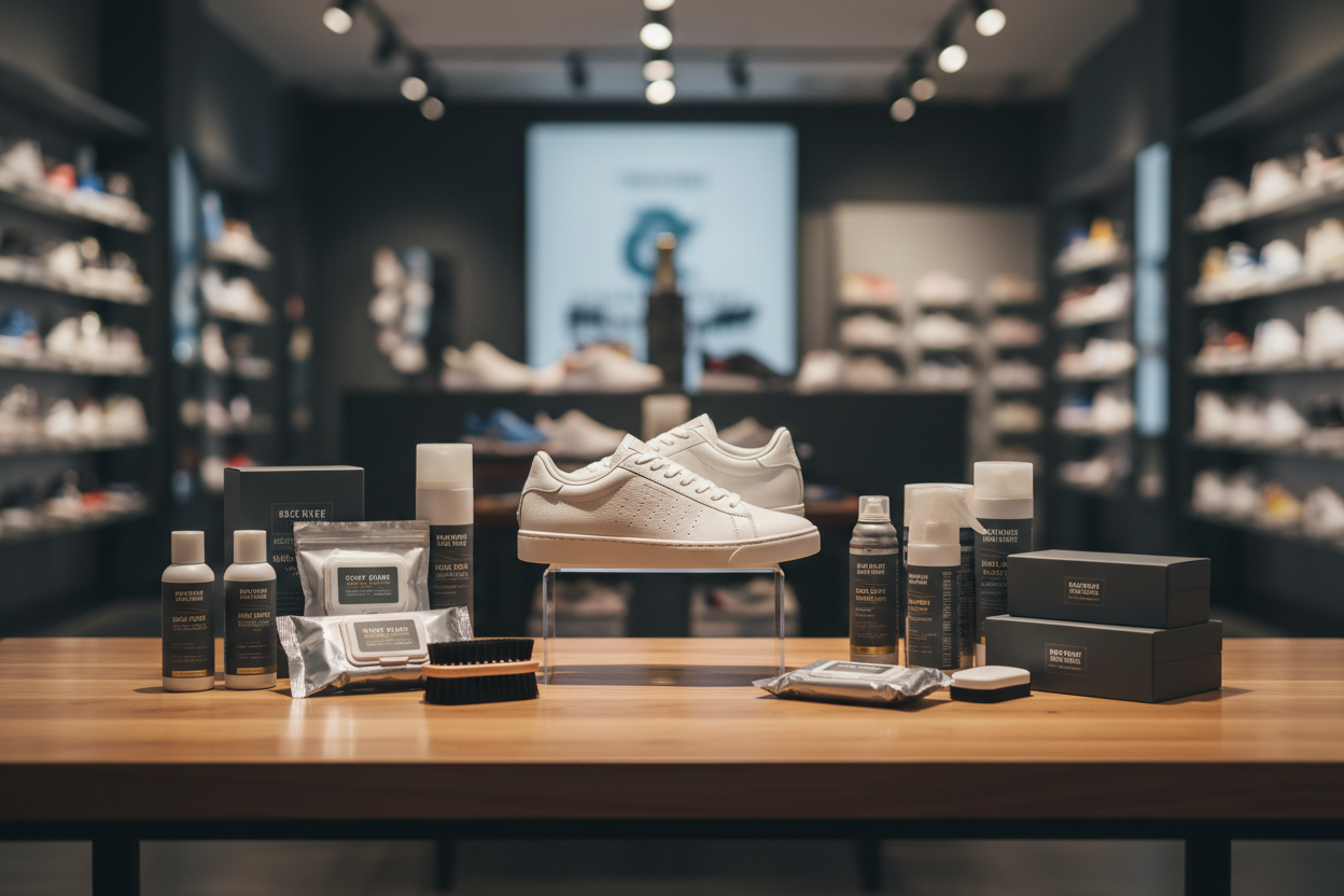 Premium shoe care product photography on a wooden table in a modern sneaker store. Classic white sneakers on a stand, surrounded by shoe cleaning kits, wipes, brushes, sprays, and small accessory boxes. Warm studio lighting, soft shadows, blurred sneaker-shop background, cinematic and realistic, high-end commercial style, 4K quality.